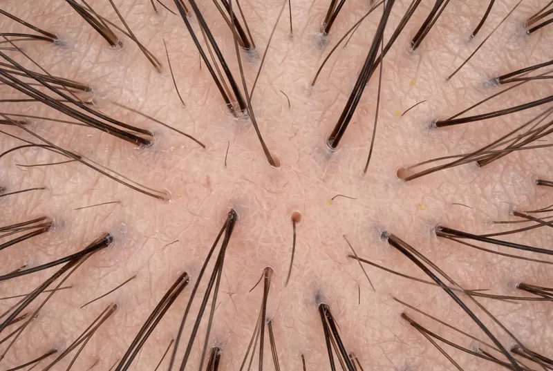 Imagem ilustrativa de tricoscopia: couro cabeludo ampliado com fios grossos e finos
