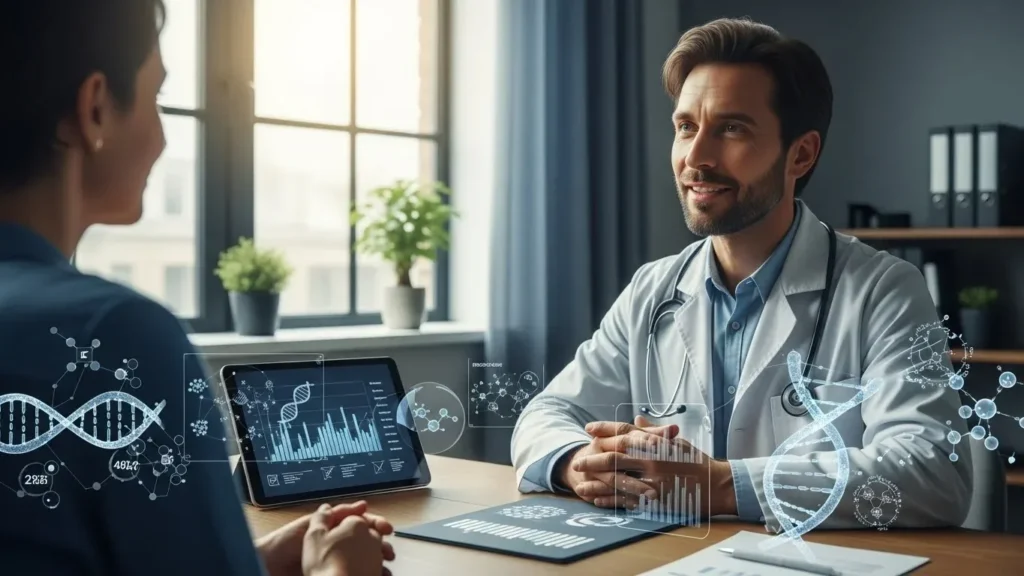 Médico em consulta com paciente, conversando sobre exames em um tablet