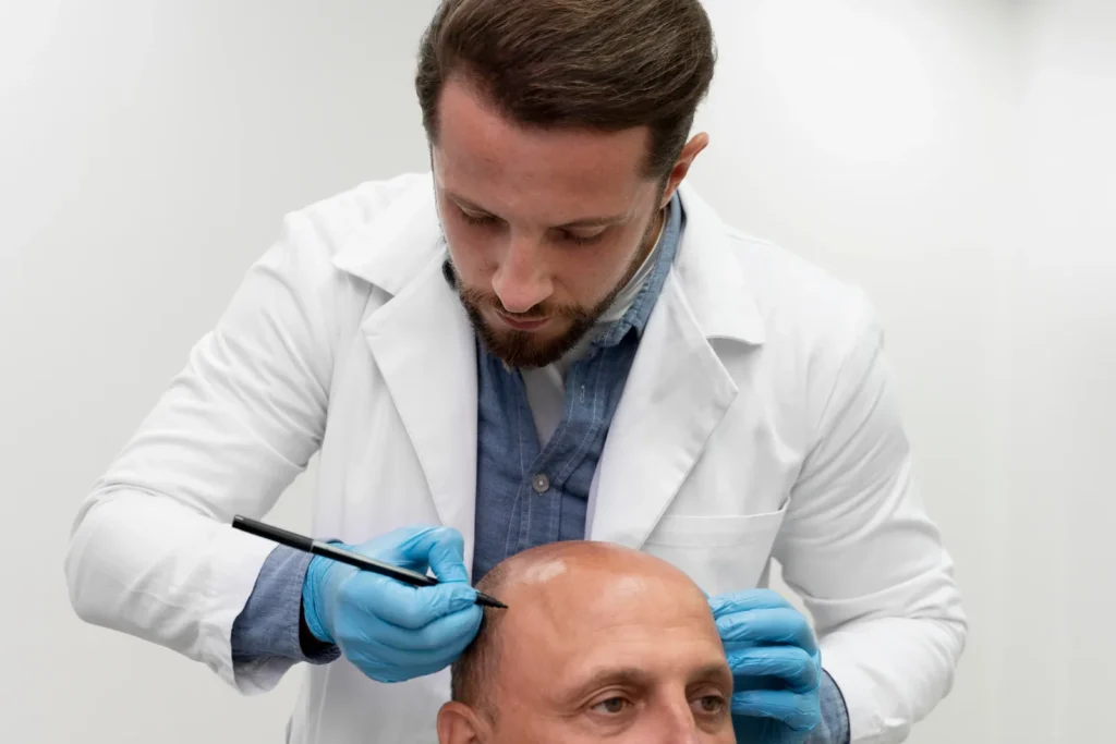 Médico examinando o couro cabeludo de um paciente com caneta demarcadora
