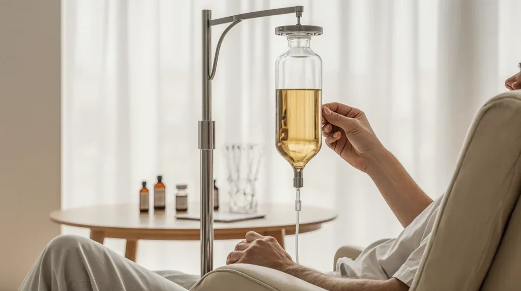 Bolsa de soro em suporte, durante infusão intravenosa em ambiente clínico